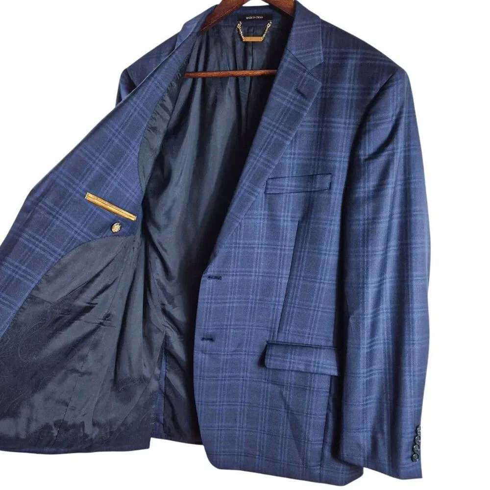 Donald J Trump 42R Wool Silk Blazer Blue Plaid Sport Coat Signature Collection